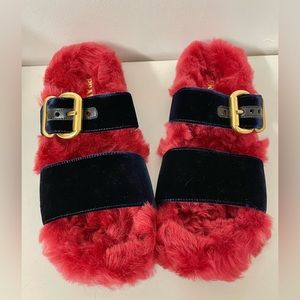 NIB! PRADA Birkenstock Sandals. Blue velvet & Red/Pink fur. Authentic.